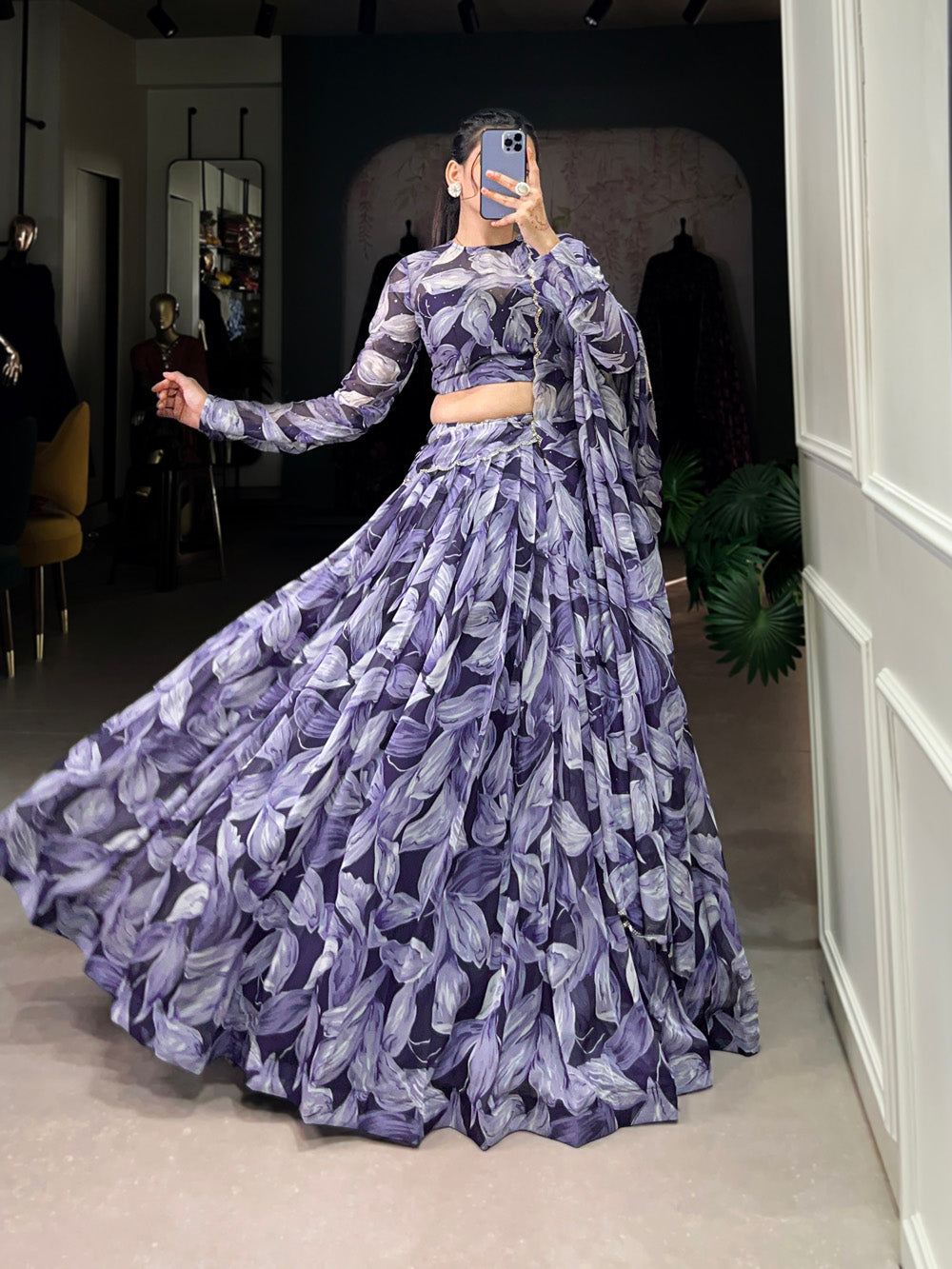 Navy Blue Color Printed With Hotfix Tubby Silk Lehenga Choli