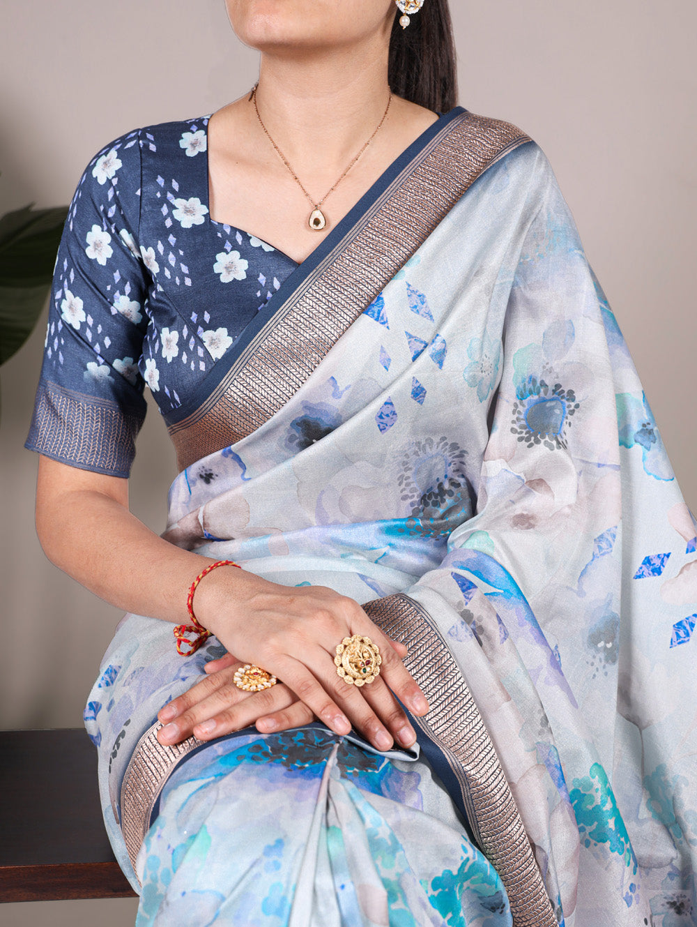 Tussar silk saree with blue blouse piece