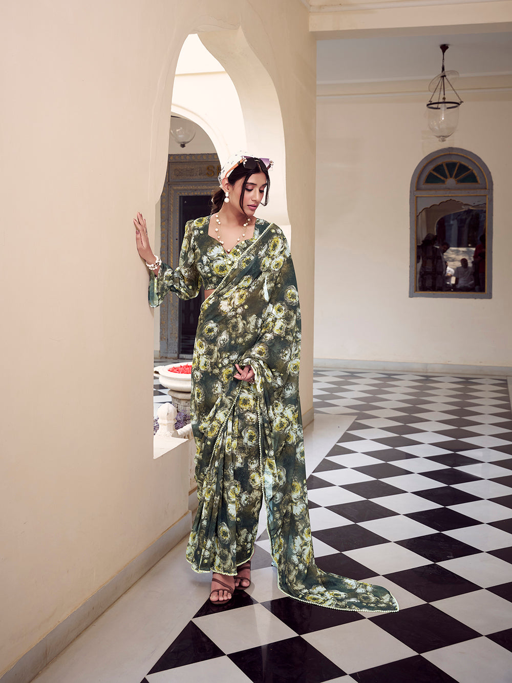 Weightless marble saree with pearl lace border