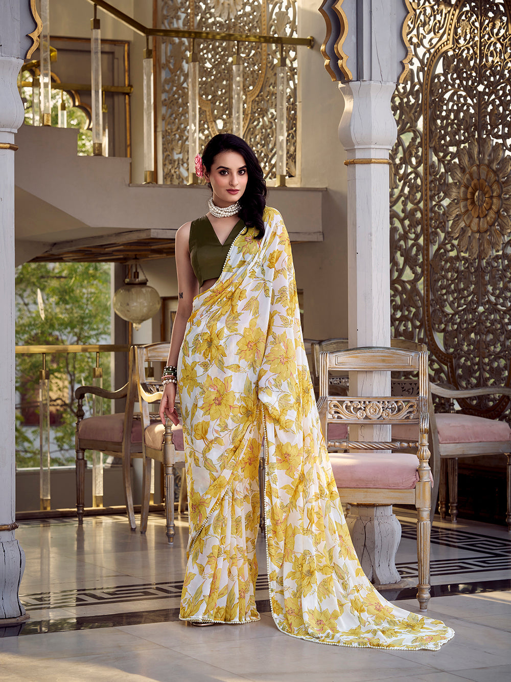 Yellow floral print marble saree