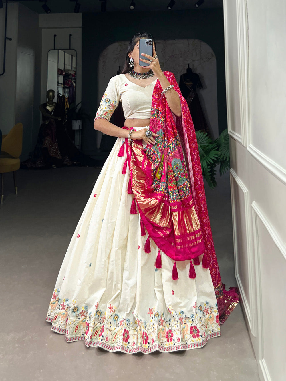 Flower Design Sequins And Thread Embroidery Work Khadi Cotton Chaniya Choli