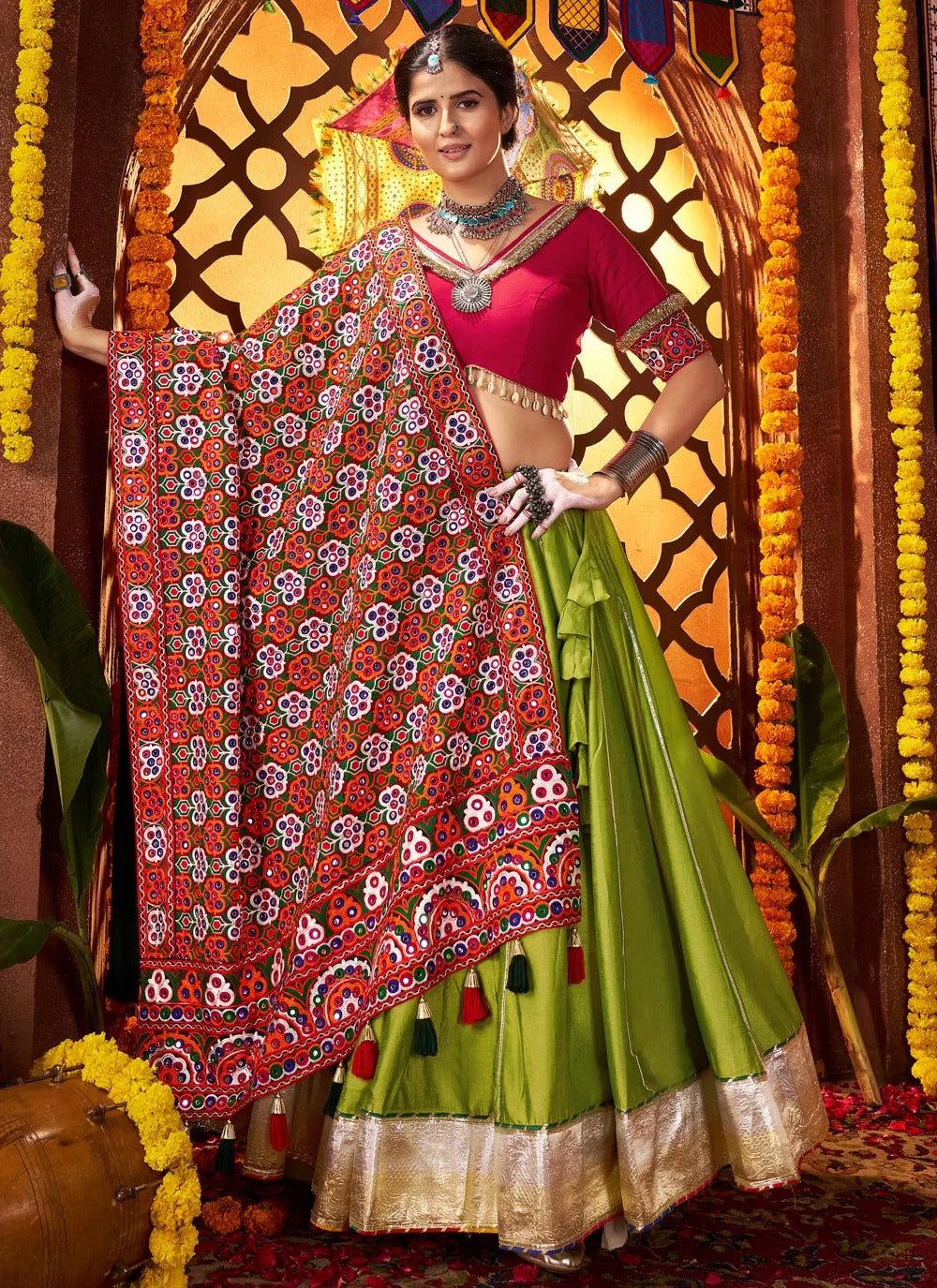 Fluorescent Green Mirror Work Navratri Chaniya Choli with Red Thread-Lace Blouse