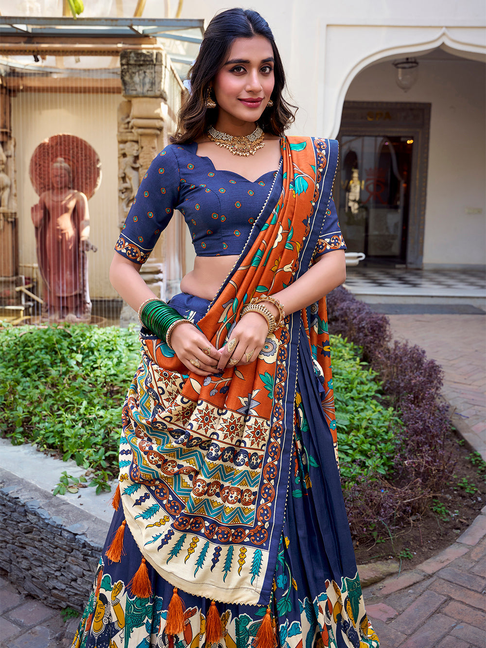 Navy Blue Color Kalamkari Print With Foil Work Tussar Silk Lehenga Choli