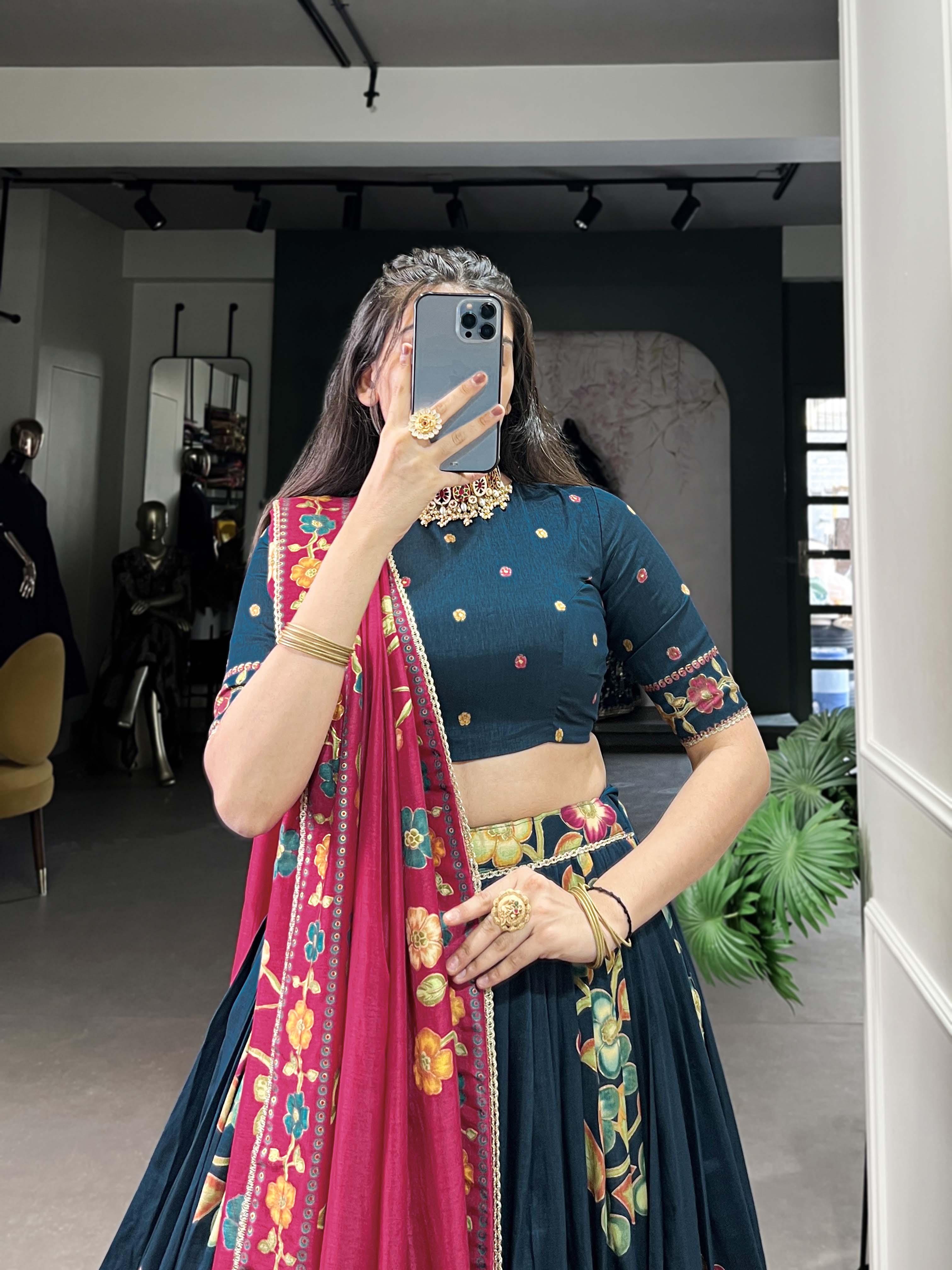 Peacock Blue Color Printed And Foil Work Tussar Silk Lehenga Choli