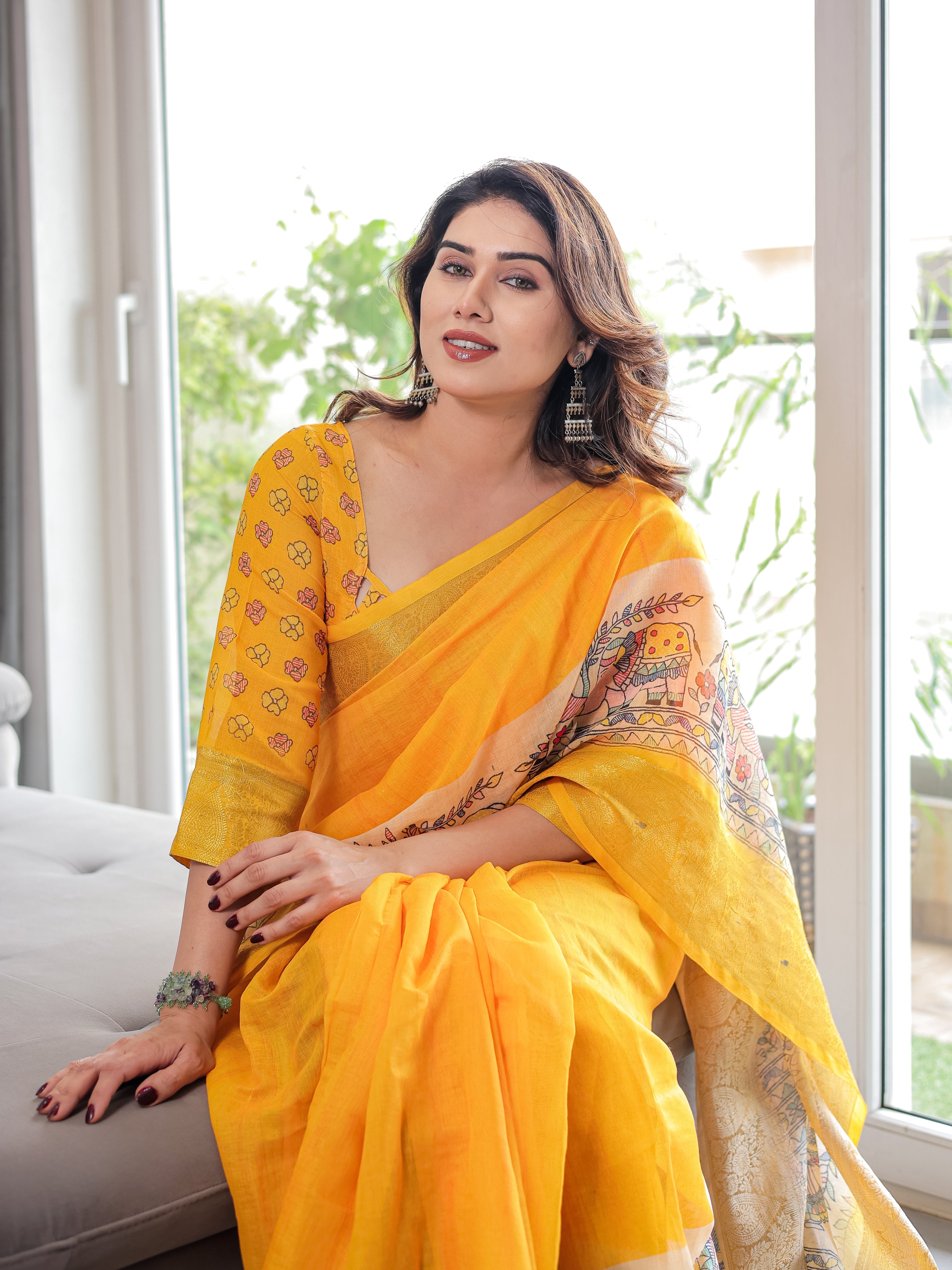 Folk art pallu cotton linen saree