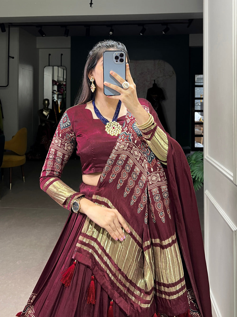 Elegant Maroon Lagdi Patta Gaji Silk Navratri Lehenga Choli With Dupatta