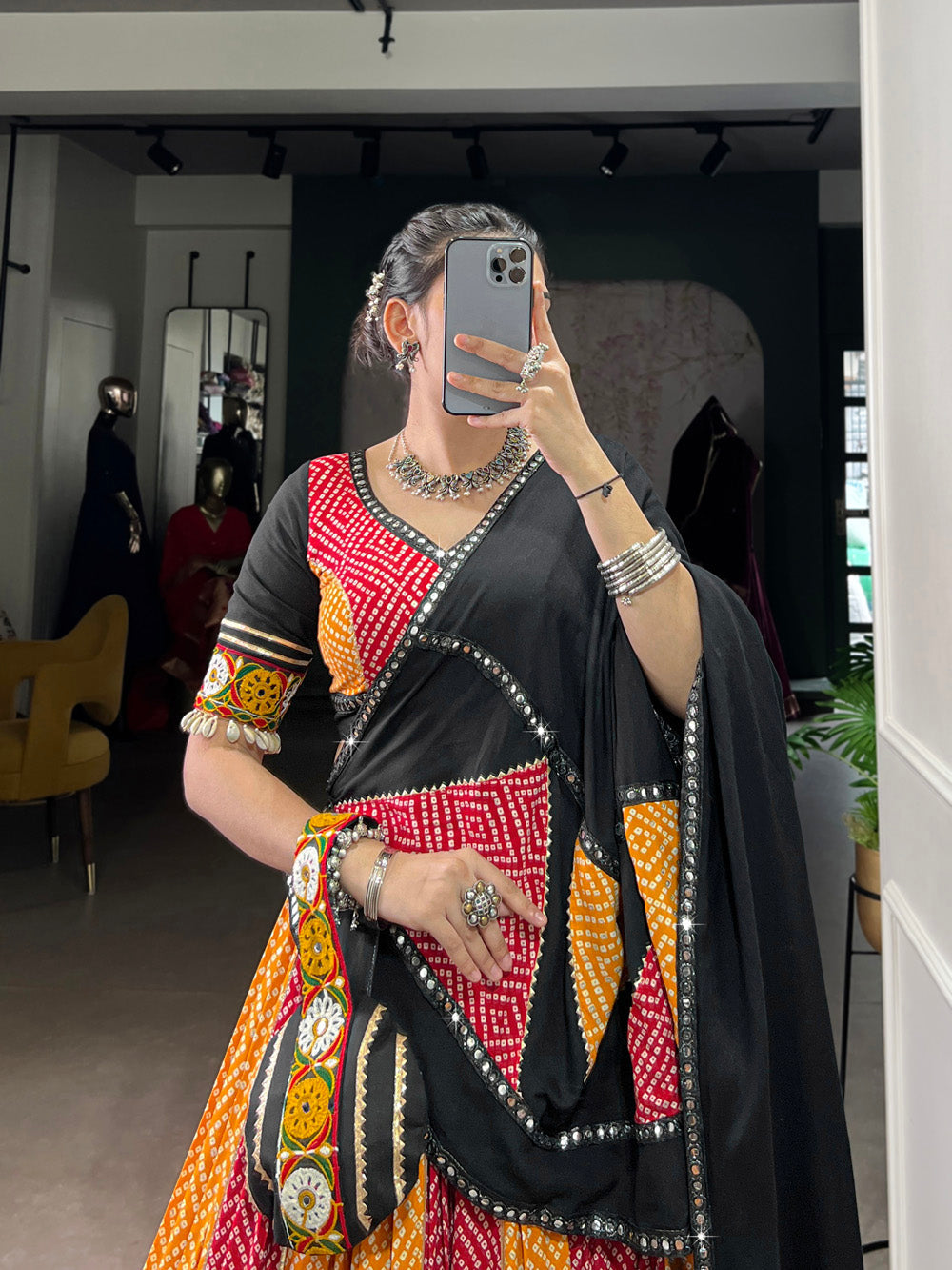 Yellow Color Bandhej And Ajarakh Printed Rayon Chaniya Choli