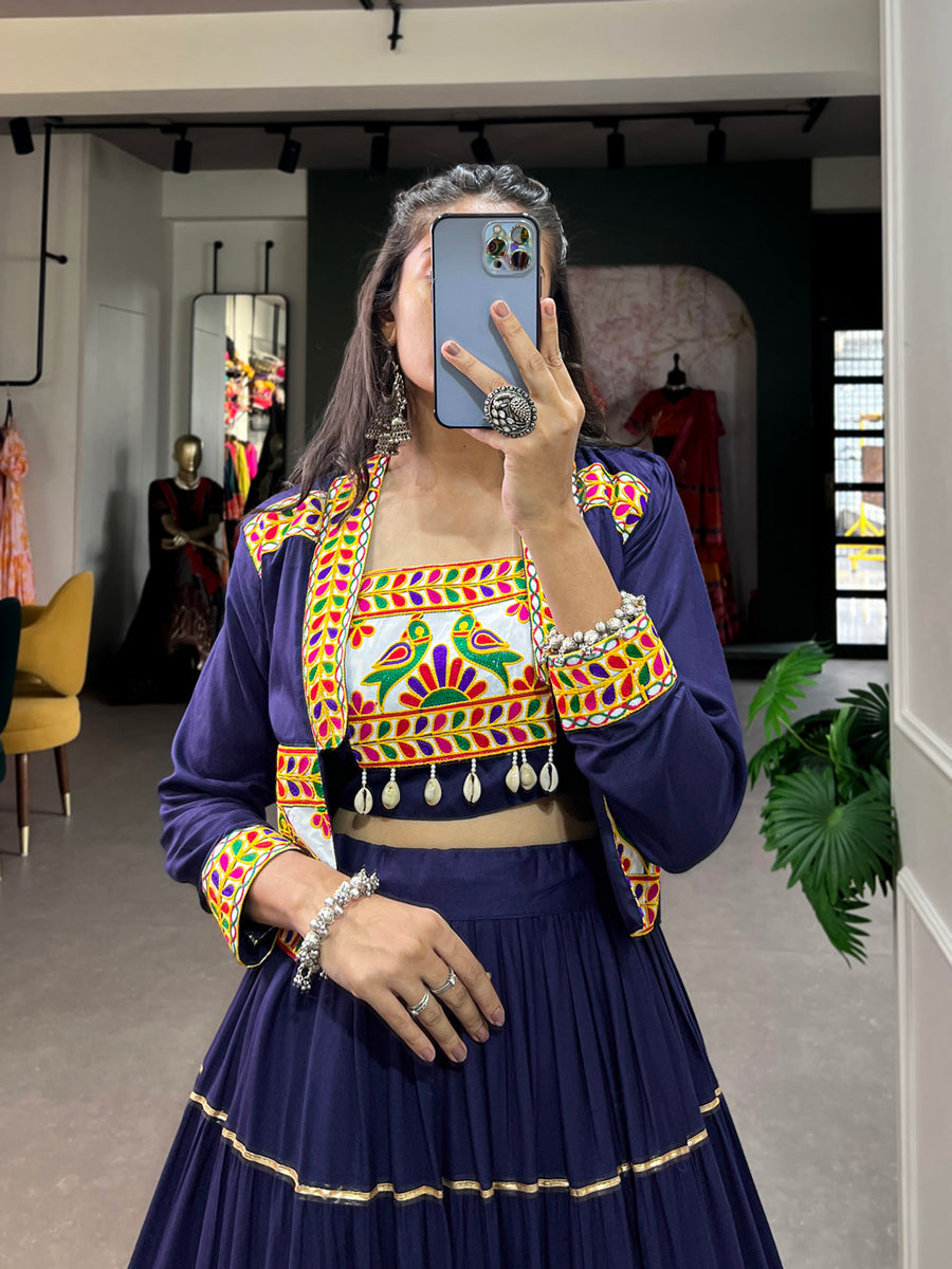 Elegant Navy Blue Navratri Chaniya Choli with Koti – Pure Rayon Gota Patti