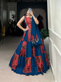 Stylish Blue Foil Print Cotton Navratri Chaniya Choli With Cowri Lace Dupatta