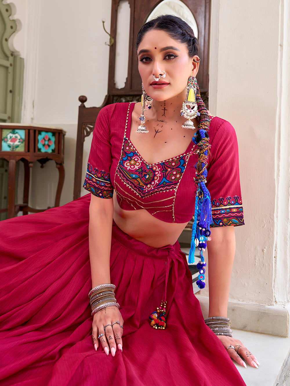 Pink Color Gamthi Print And Embossed Design Tasar Silk Lehenga Choli