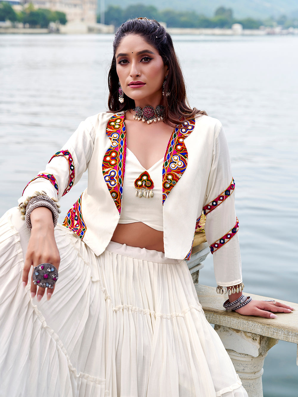 10-meter flair white festive lehenga