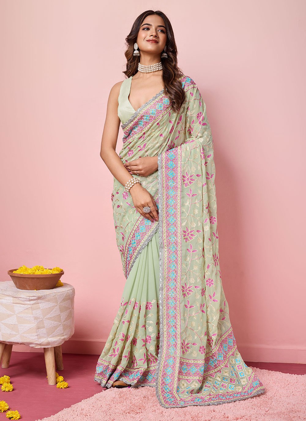 Georegtte Trendy Saree With Kashmiri Embroidery In Sea Green