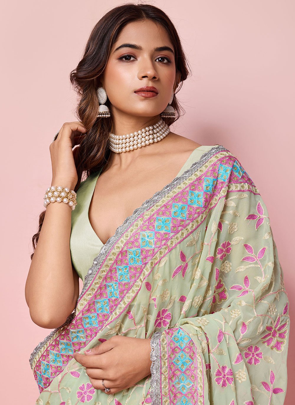 Georegtte Trendy Saree With Kashmiri Embroidery In Sea Green