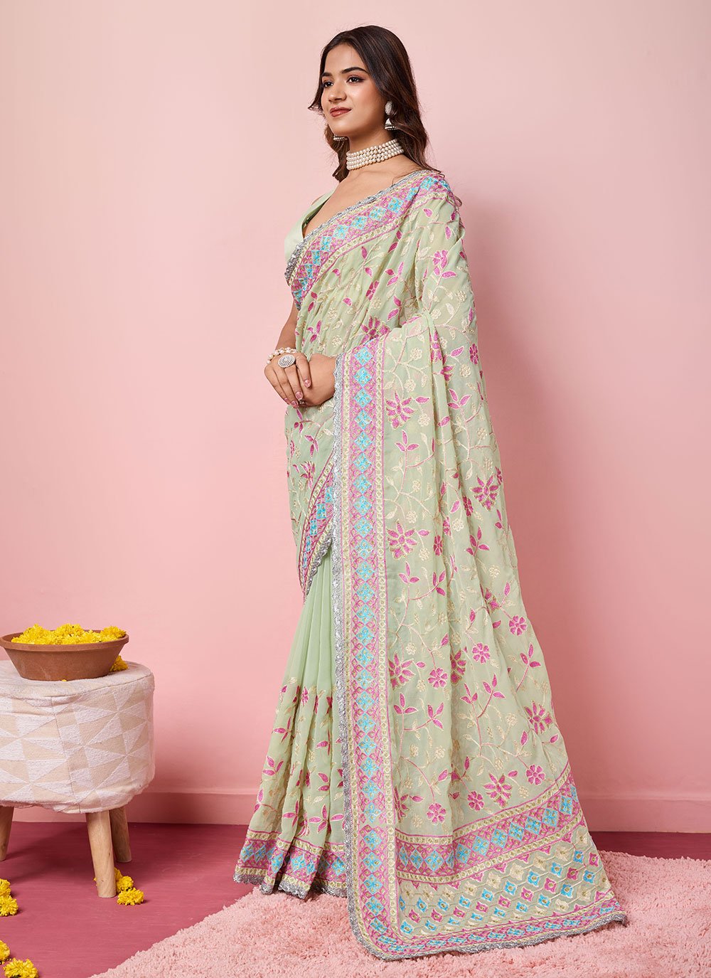 Georegtte Trendy Saree With Kashmiri Embroidery In Sea Green