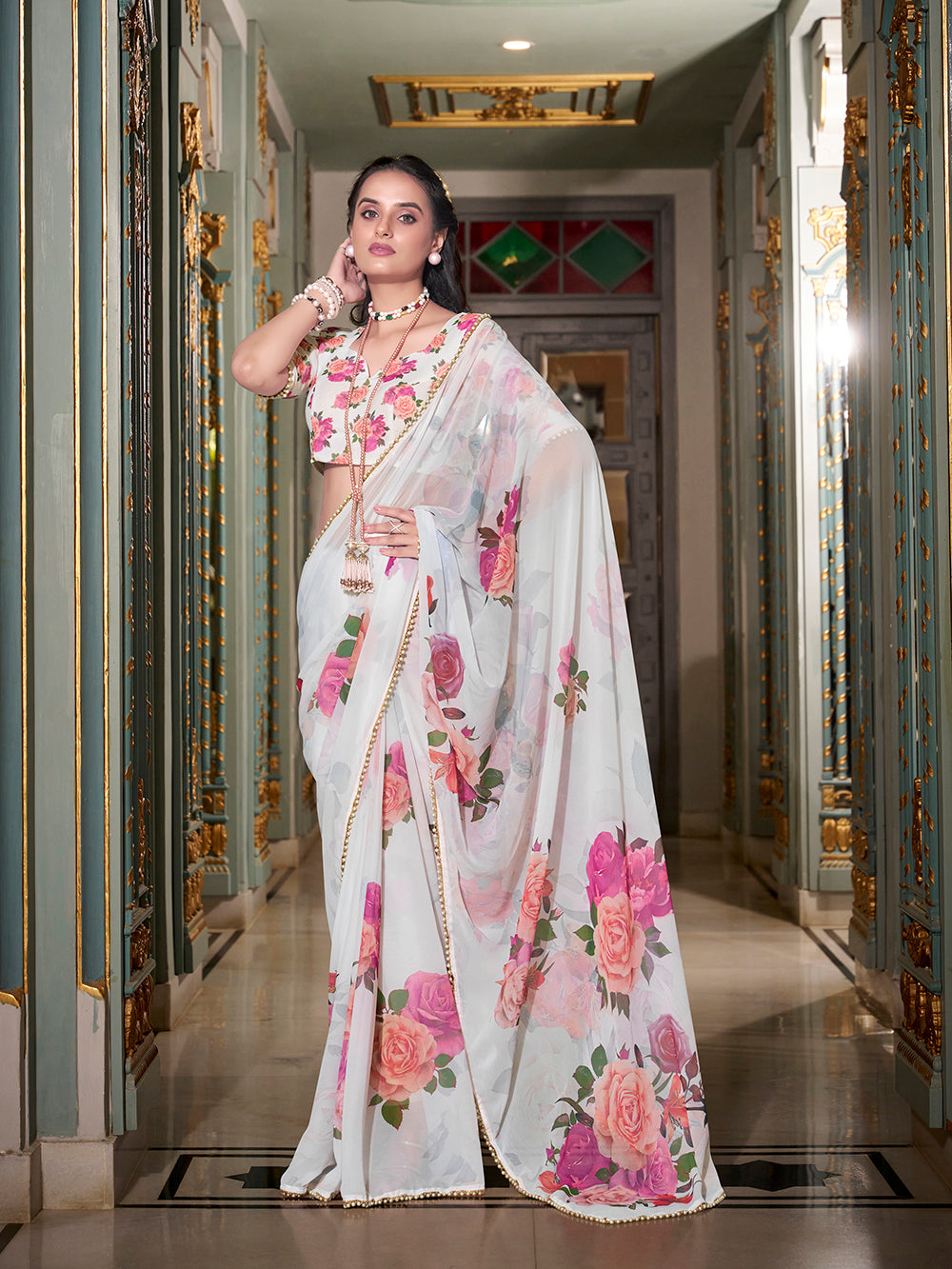 White saree with pearl lace border