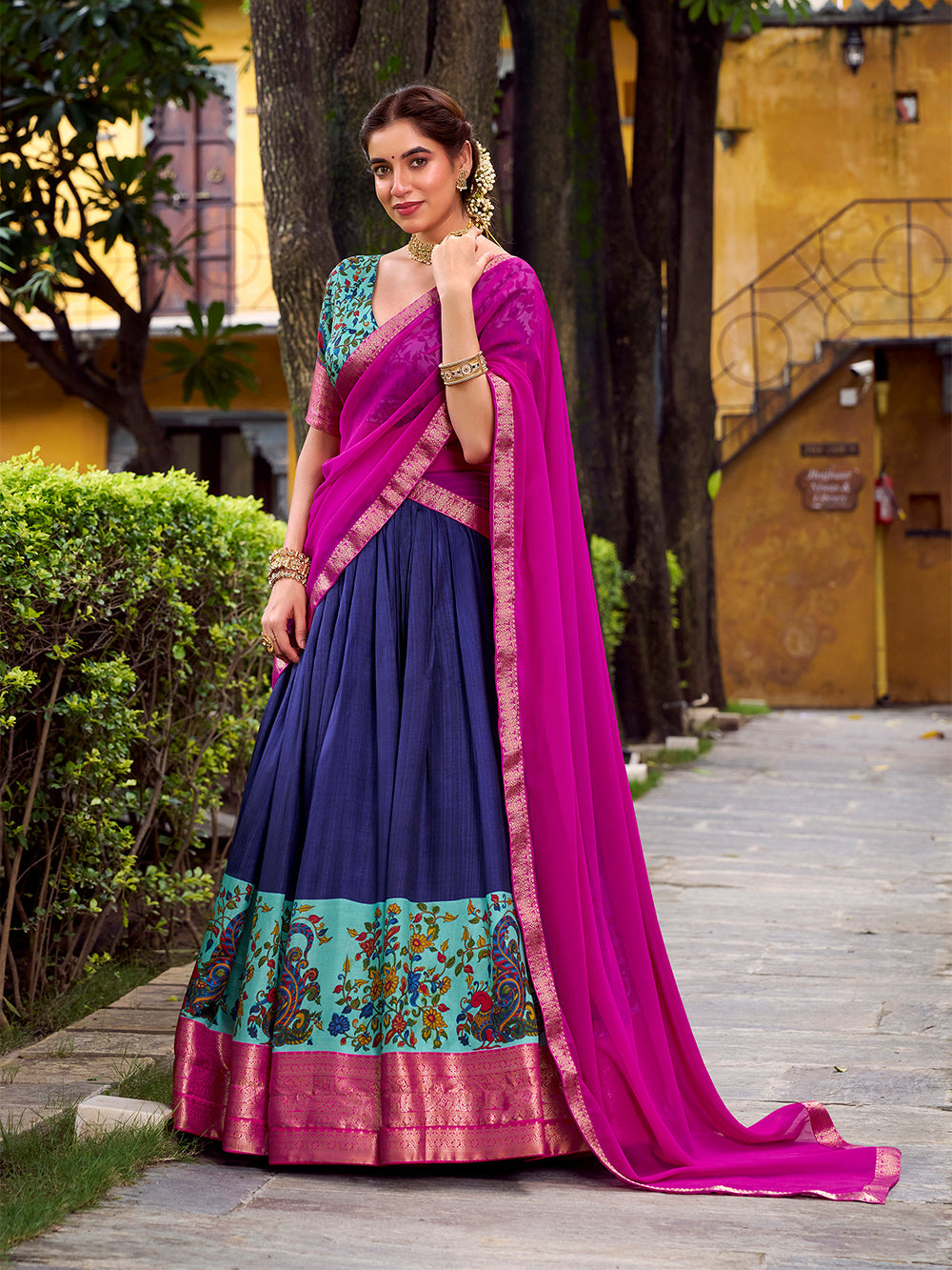 Navy blue astha silk zari weaving lehenga choli