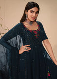 Georgette Embroidery Salwar Kameez Teal Blue