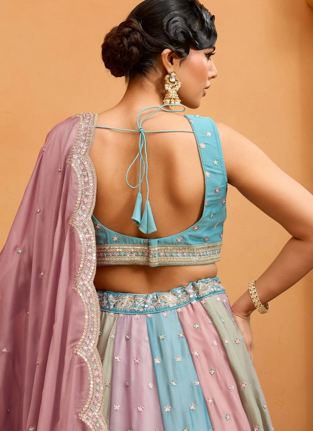 Multi Color Georgette Embroidered Fancy Lehenga Choli with Peach Dupatta
