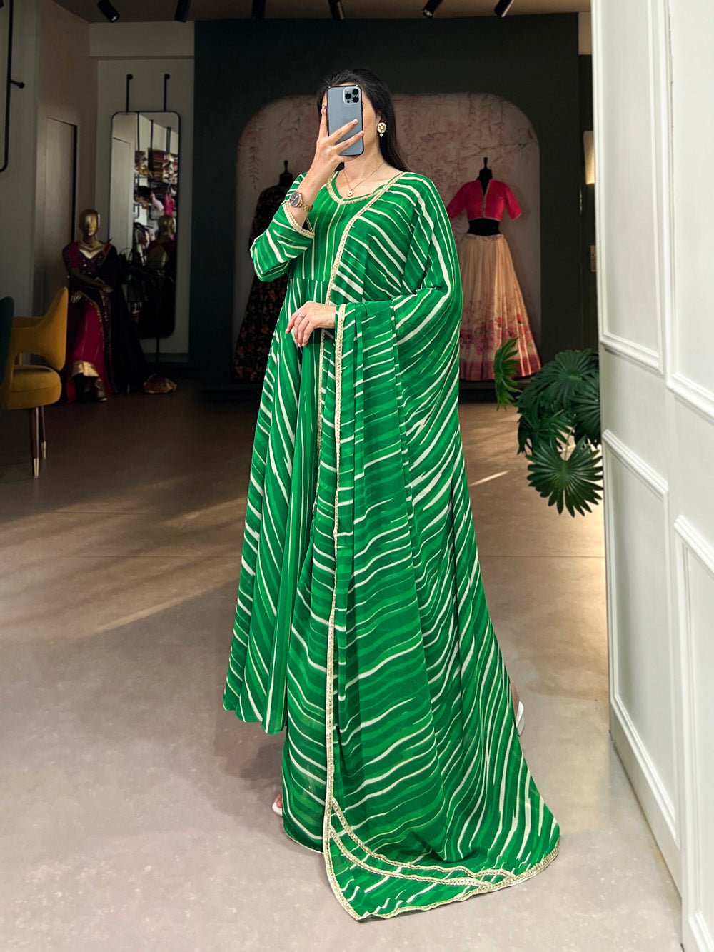 Green Color Leheriya Print With Lace Touch Up Georgette Gown