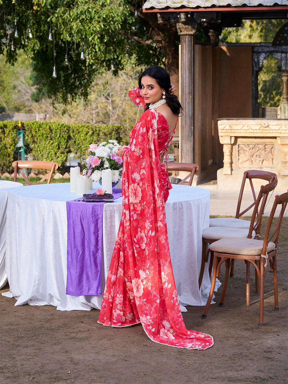 Lightweight red designer saree for semi-formal events