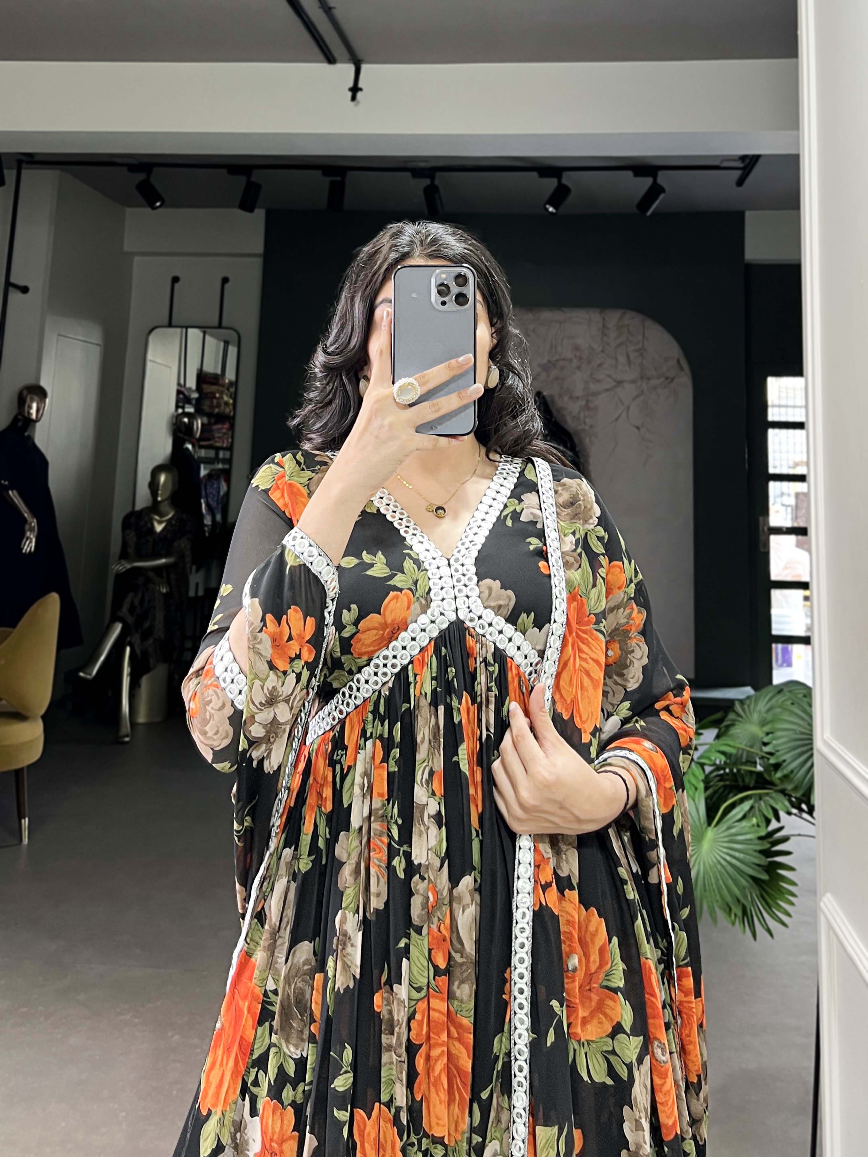 Orange Color Floral Printed And Paper Mirror Lace Georgette Gown
