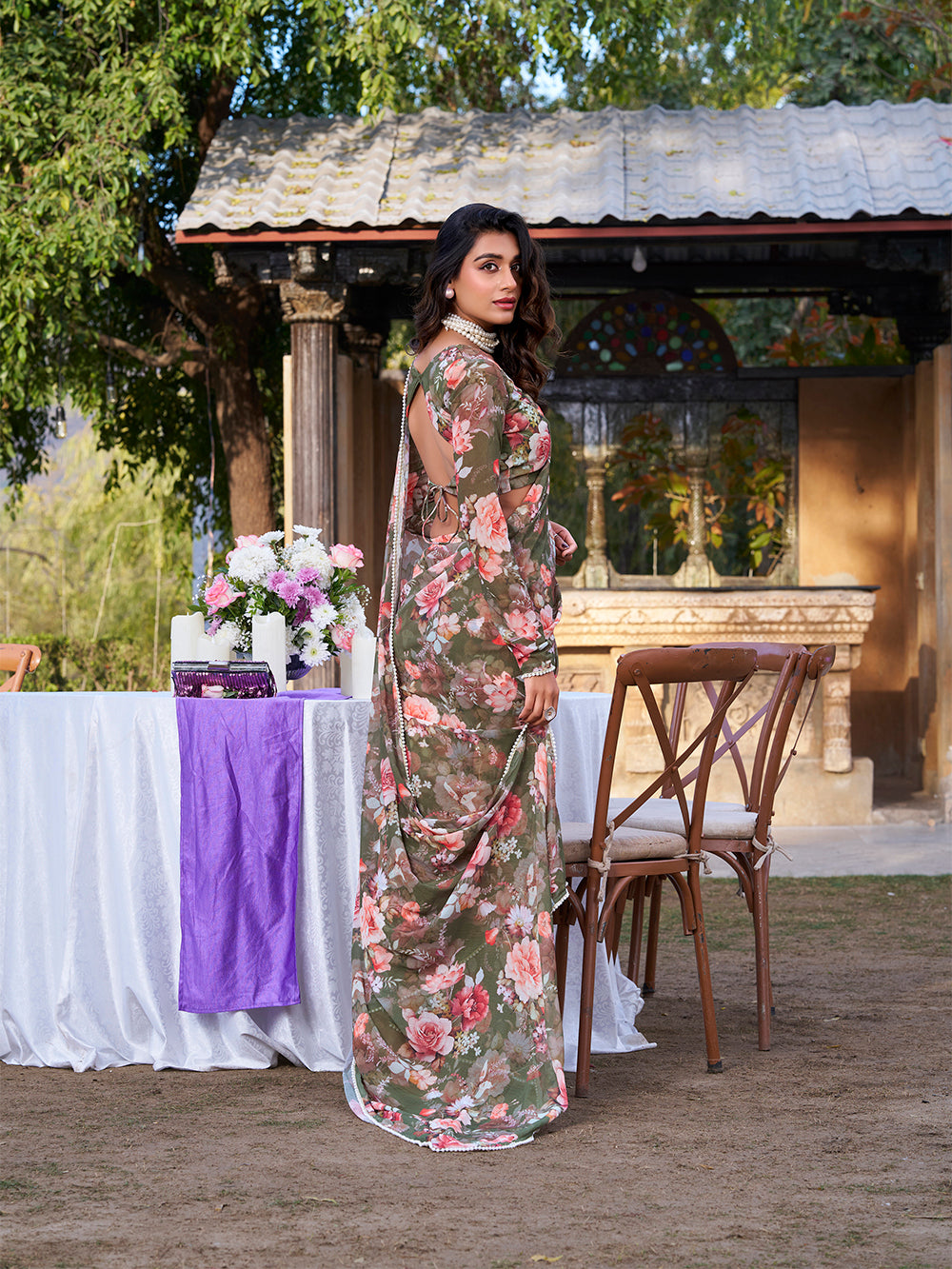 Lightweight mehendi designer saree for casual wear