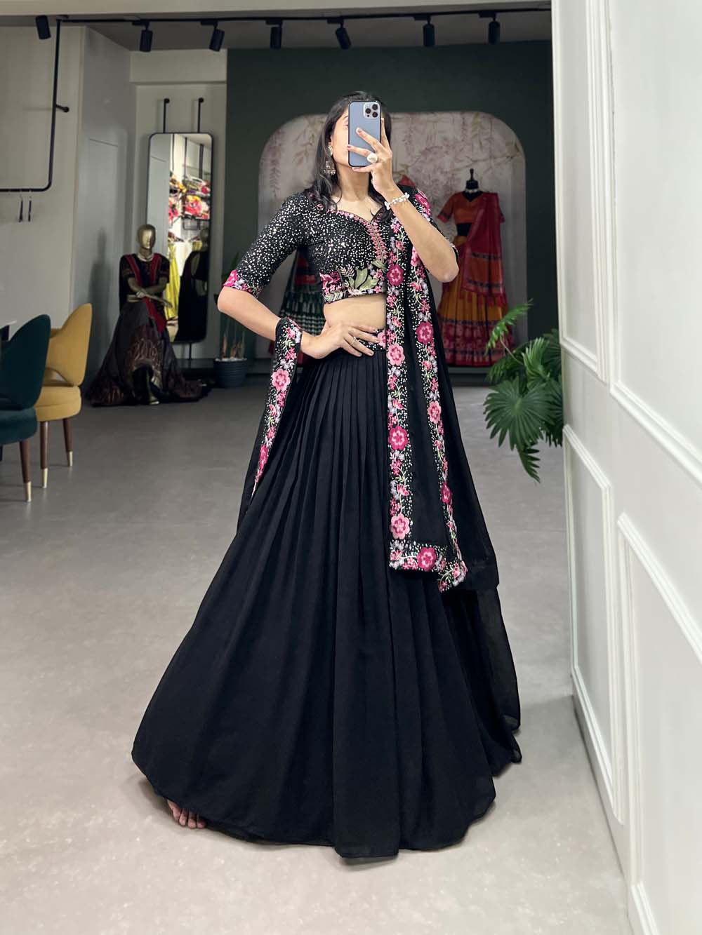 Black georgette lehenga with sequins embroidery