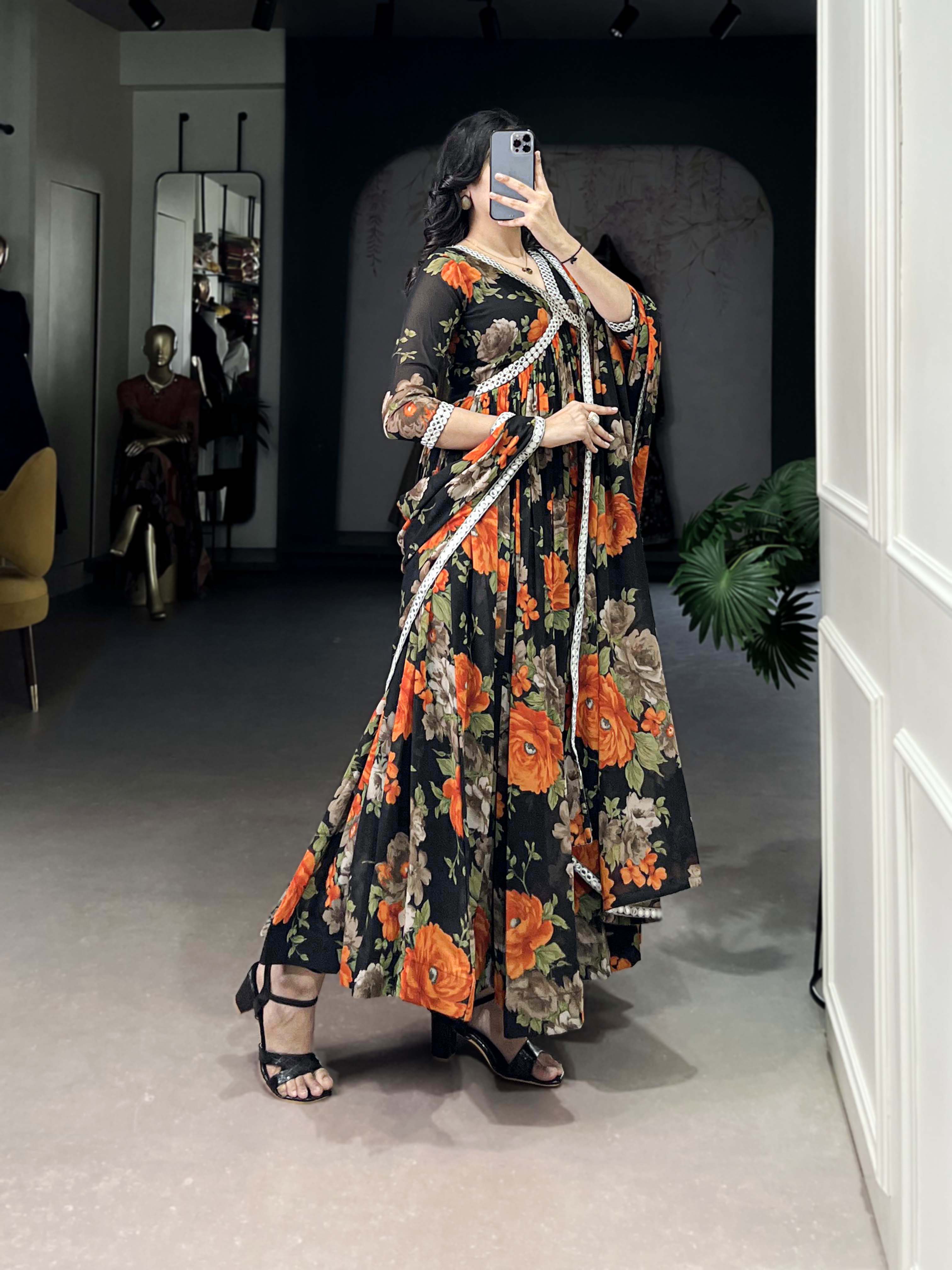 Orange Color Floral Printed And Paper Mirror Lace Georgette Gown