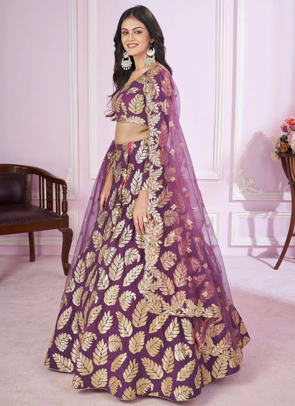 Glamorous purple georgette lehenga for wedding dance night