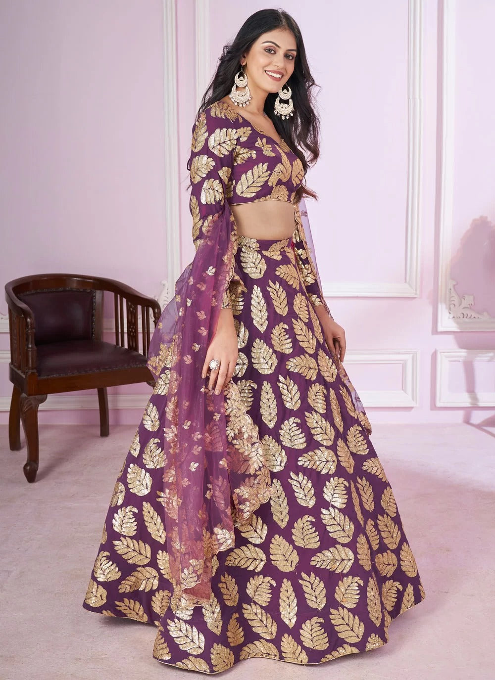 Purple lehenga with zari embroidery and soft net dupatta