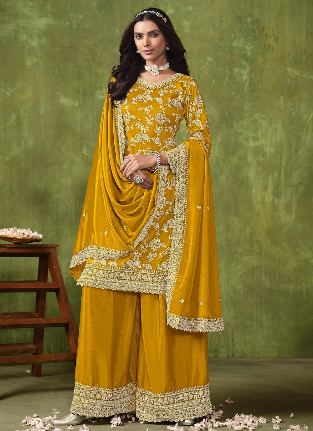 Glorious Yellow Silk Jacquard Work Palazzo Style Suit