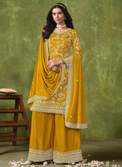 Glorious Yellow Silk Jacquard Work Palazzo Style Suit