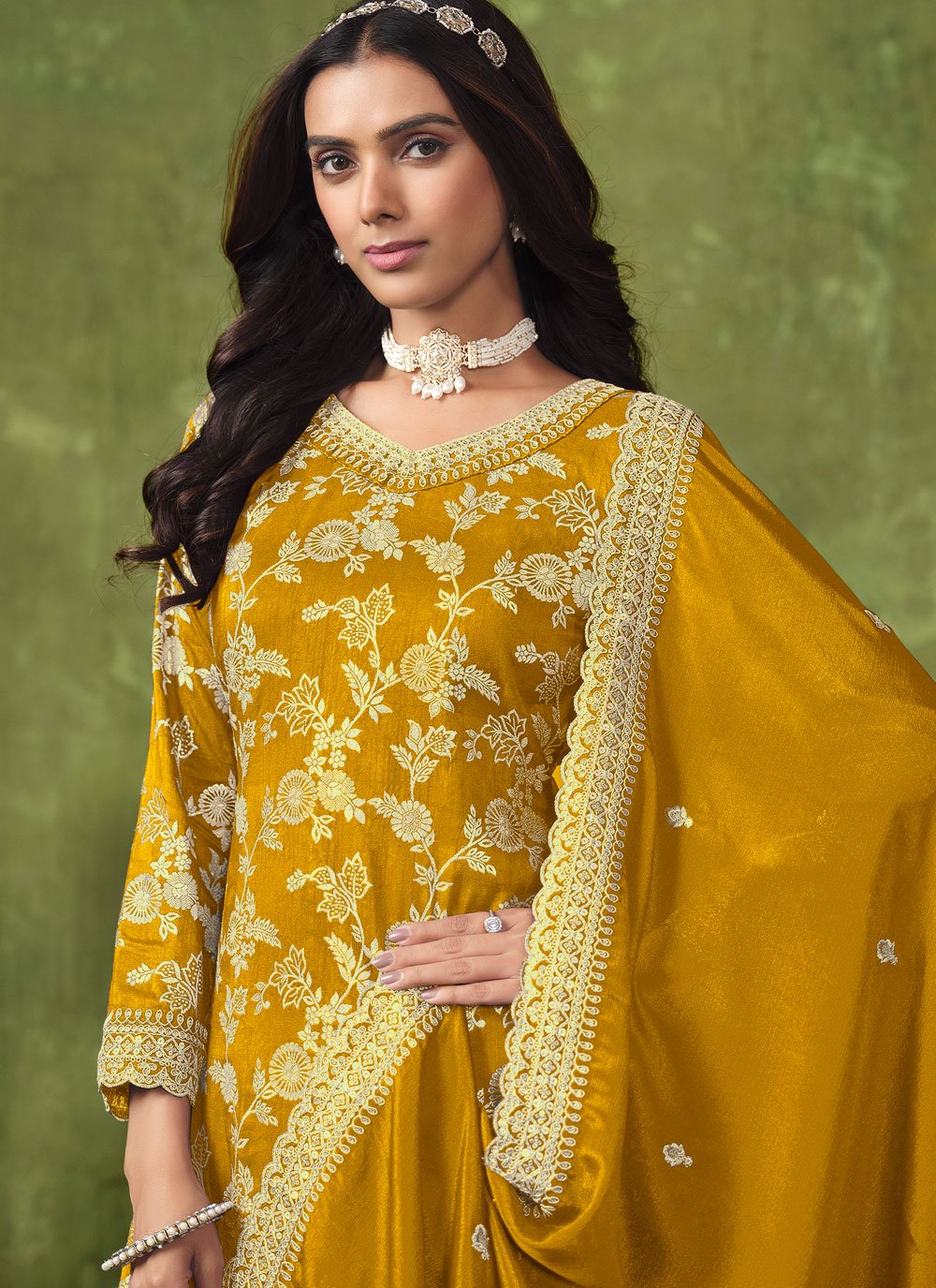 Glorious Yellow Silk Jacquard Work Palazzo Style Suit