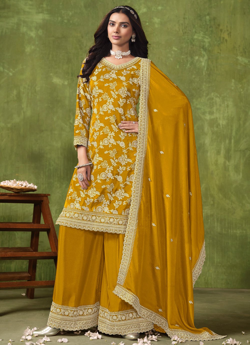 Glorious Yellow Silk Jacquard Work Palazzo Style Suit