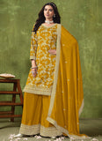 Glorious Yellow Silk Jacquard Work Palazzo Style Suit