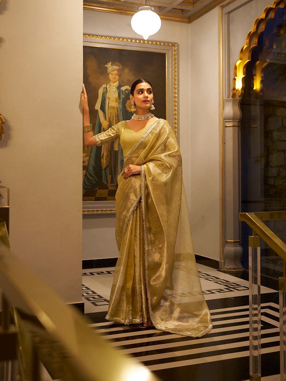 Sequins lace border gold saree