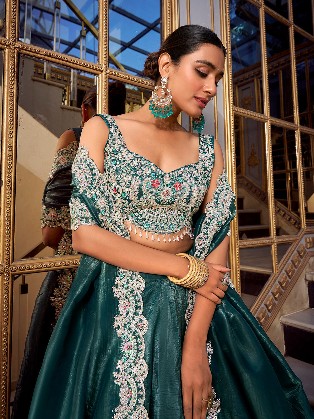 Teal Color Sequins And Thread Embroidery Work Gold Crush Lehenga Choli