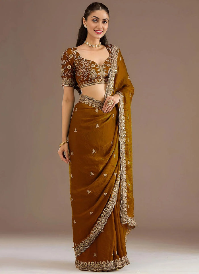 Golden Designer Tissue Saree with Diamond & Pearl Work
