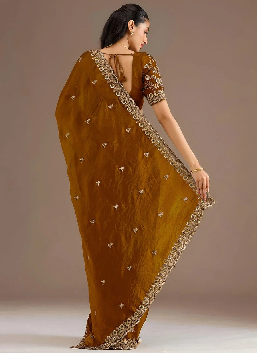 Premium Golden Wedding Wear Tissue Saree for Women