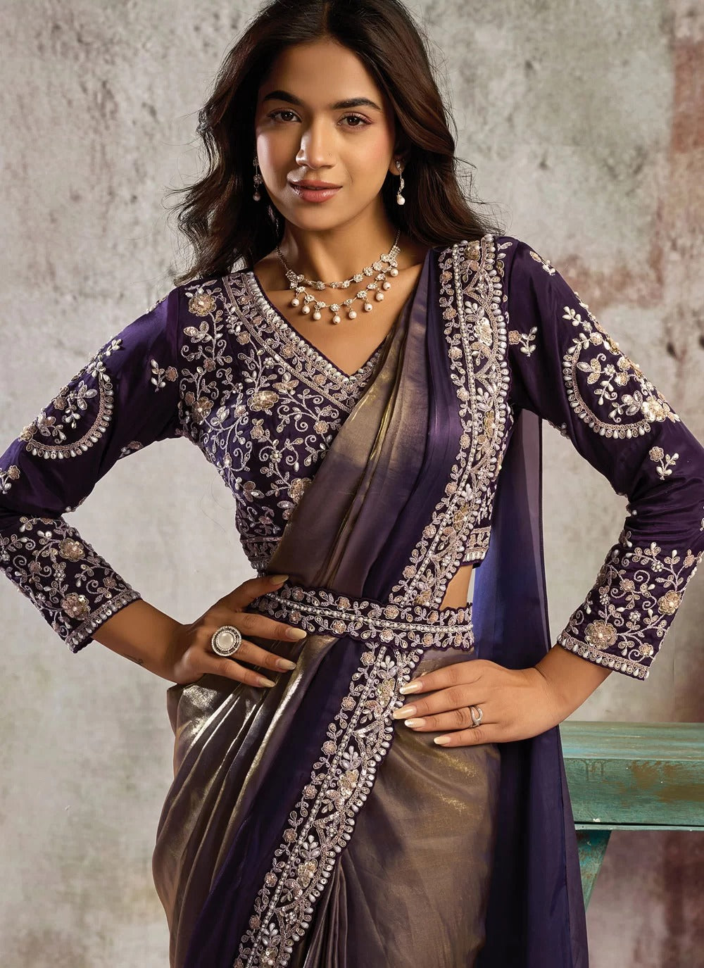Golden & Purple Metallic Gold Satin Ready To Wear Saree with Pearl & Stone Work