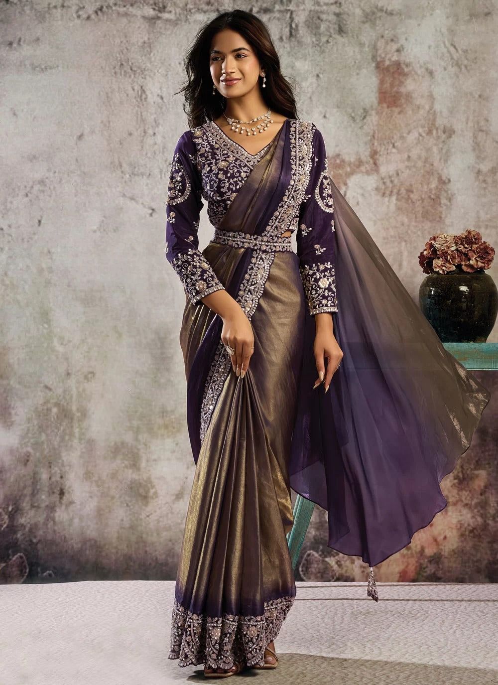 Golden Purple Ready To Wear Saree in Metallic Gold Satin