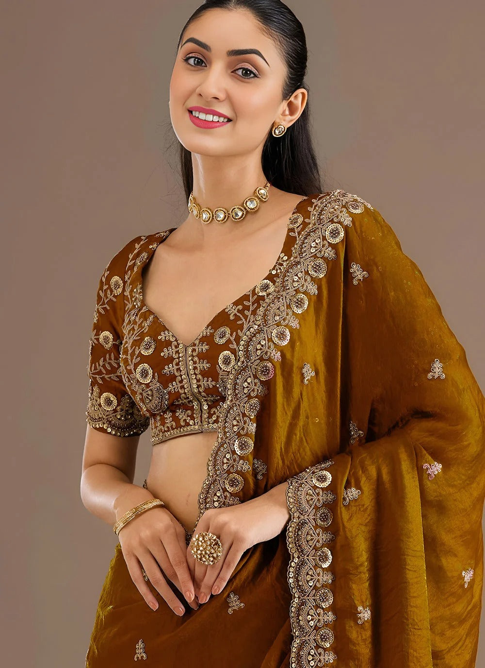 Golden Festive Tissue Silk Saree for Wedding Functions