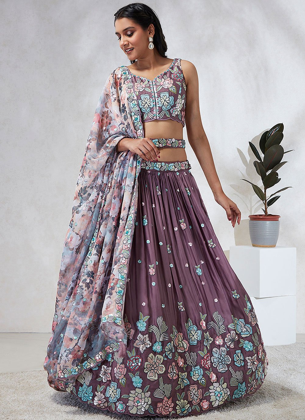 Gorgeous Lavender Poly Georgette Lehenga Choli With Sequins Embroidery