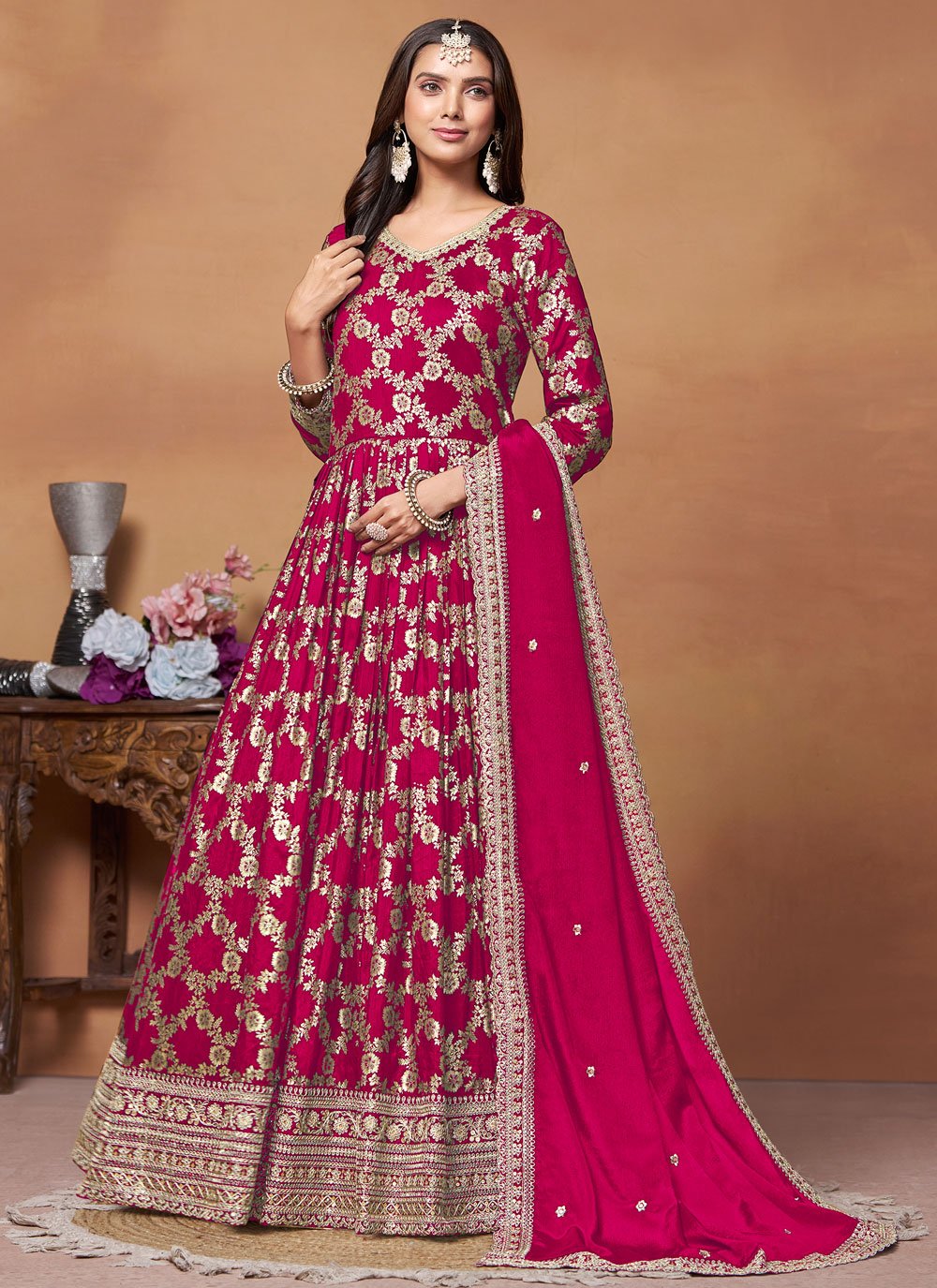 Gorgeous Rani Dola Jacquard Zari Anarkali Suit For Women