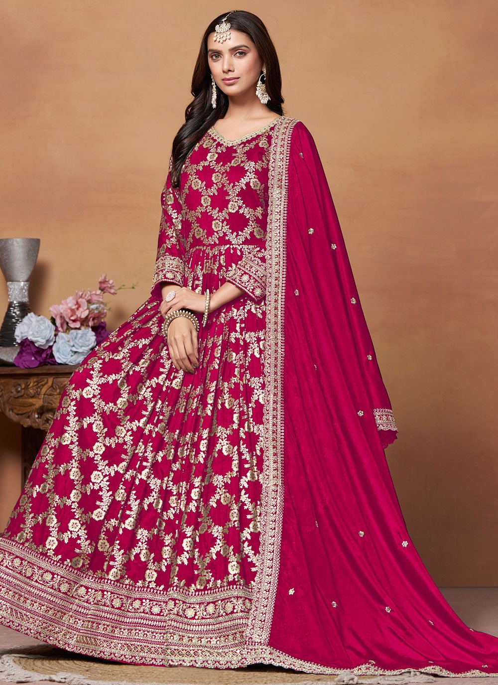 Gorgeous Rani Dola Jacquard Zari Anarkali Suit For Women