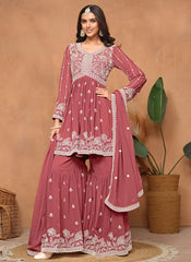 Gorgeous Rust Faux Georgette Sharara Suit with Santool Inner