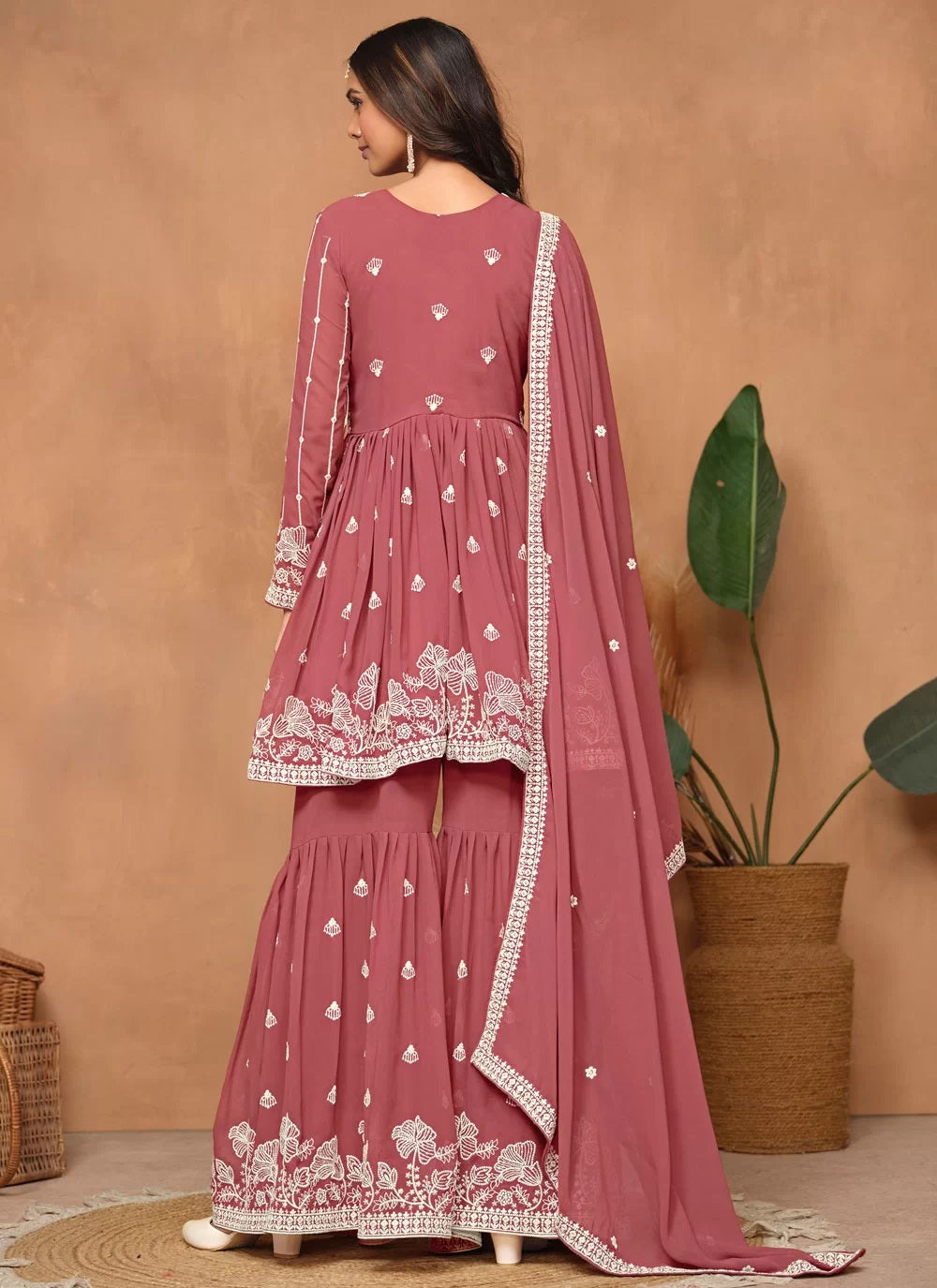 Gorgeous Rust Faux Georgette Sharara Suit with Santool Inner