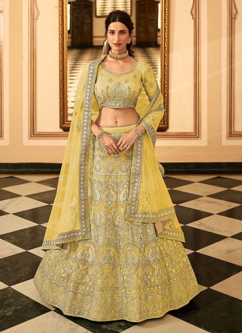Gota And Zari Work Organza Lehenga Choli In Yellow