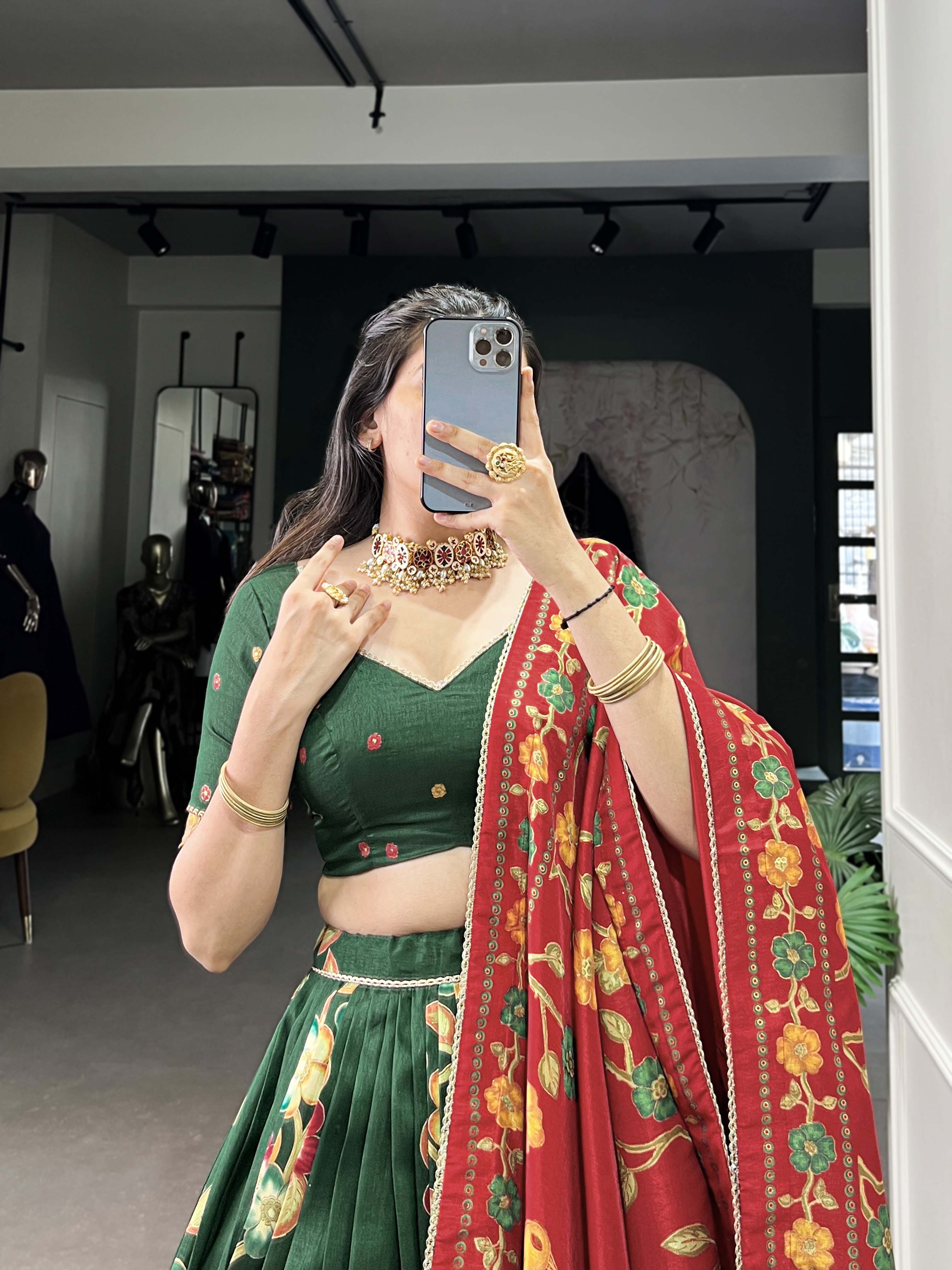 Green Color Printed And Foil Work Tussar Silk Lehenga Choli