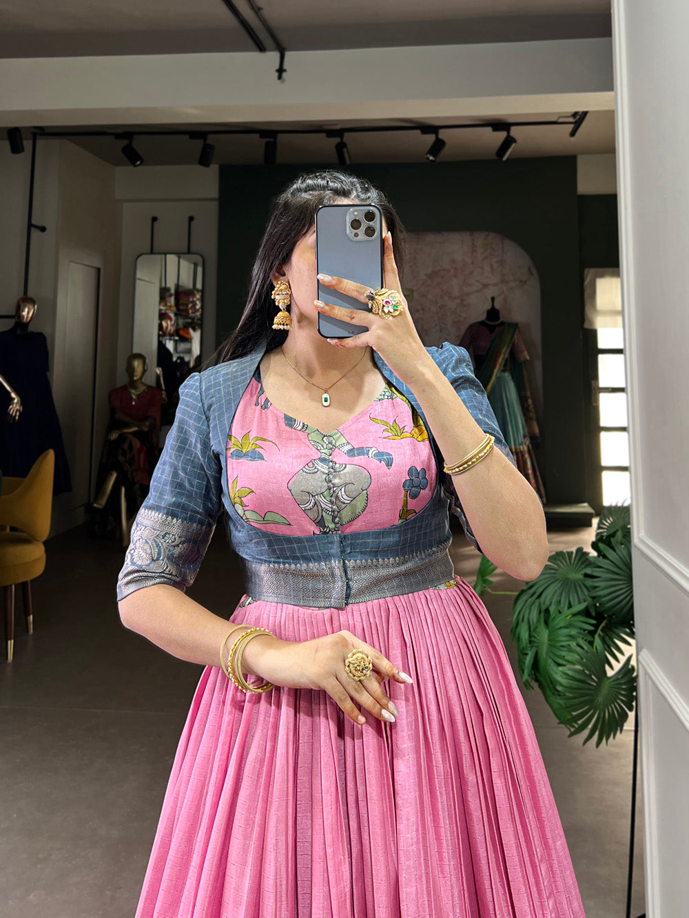 Pink Color Kalamkari Print With Zari Weaving Border Dola Silk Gown
